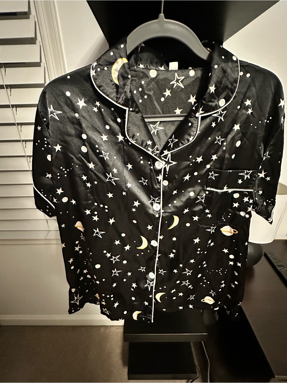 Women's Black Celestial Satin Pajama Top and shorts
